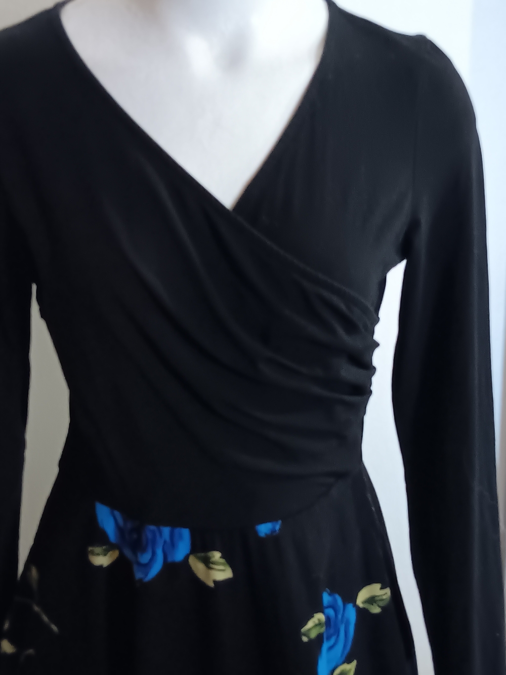 Black Long-Sleeve Midi Dress with Blue Floral Detail